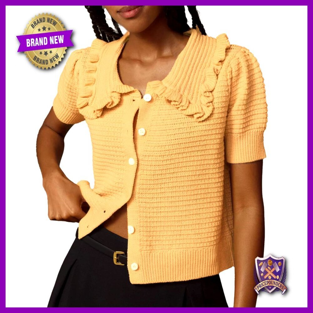 Short Sleeve Ribbed Cardigan Vintage Ruffle Collar Button Down Cropped Sweater
